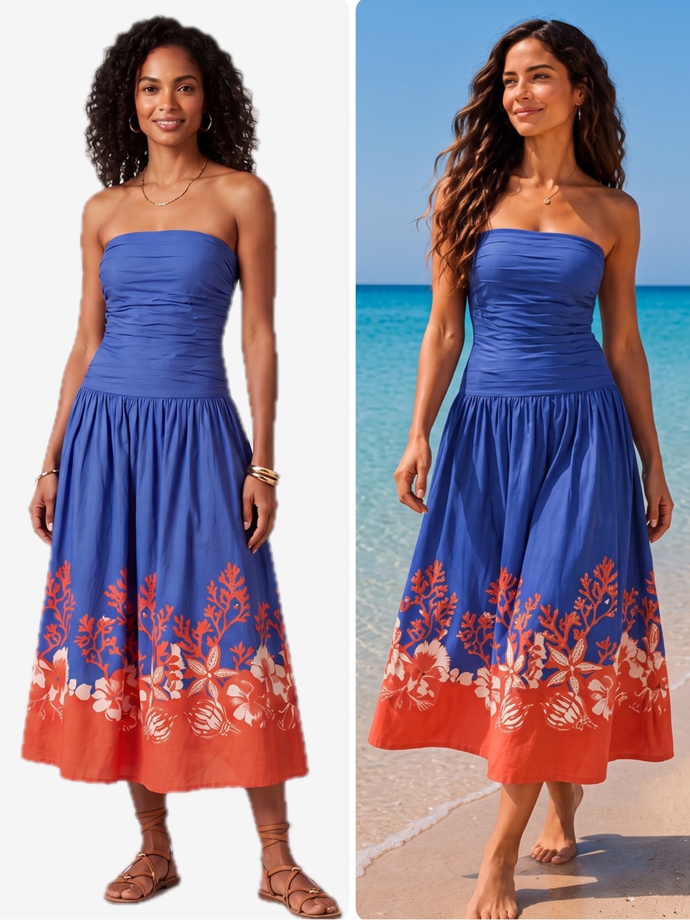 Camila Coelho Cotton Emmy Mala Royal Blue Strapless Coral Border Midi Dress $268